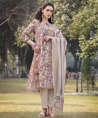 beige lilen a-line sequins work have a lining kurta trouser dupatta set 2