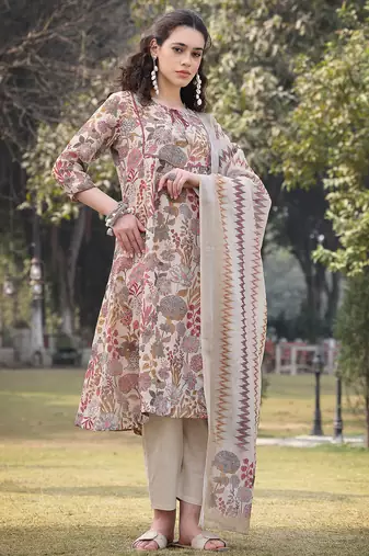 beige lilen a-line sequins work have a lining kurta trouser dupatta set