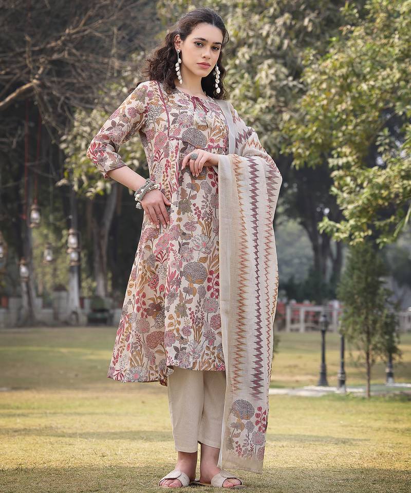 beige lilen a-line sequins work have a lining kurta trouser dupatta set