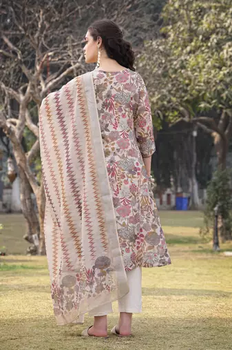 beige lilen a-line sequins work have a lining kurta trouser dupatta set