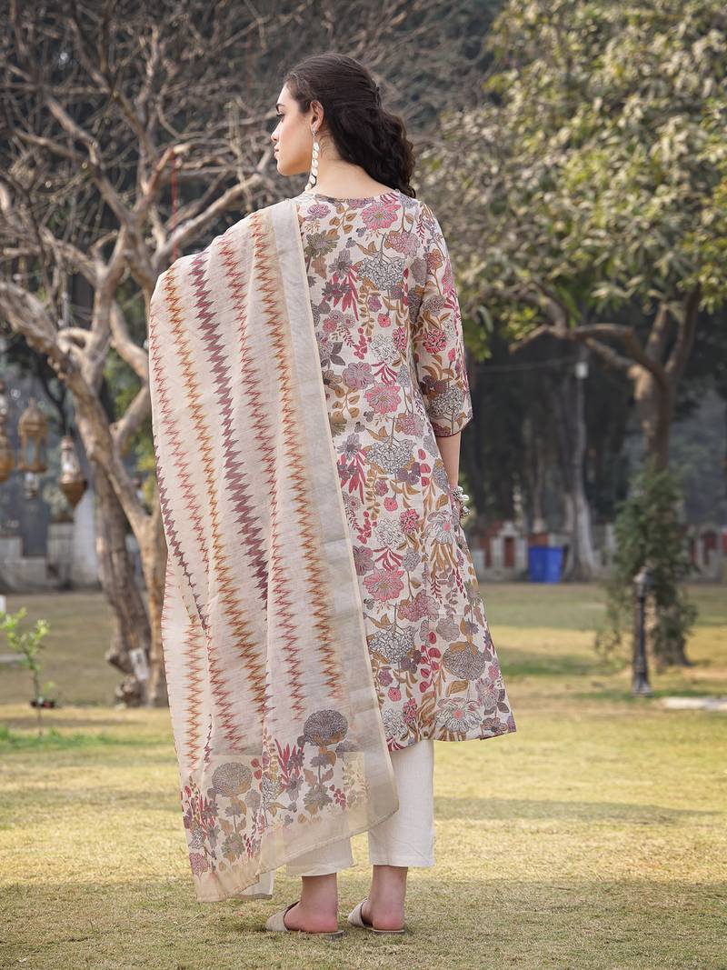 beige lilen a-line sequins work have a lining kurta trouser dupatta set