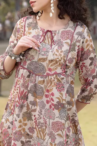 beige lilen a-line sequins work have a lining kurta trouser dupatta set