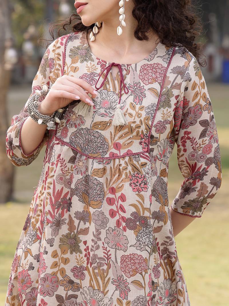 beige lilen a-line sequins work have a lining kurta trouser dupatta set