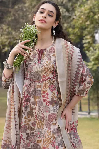 beige lilen a-line sequins work have a lining kurta trouser dupatta set