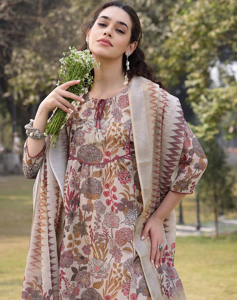 beige lilen a-line sequins work have a lining kurta trouser dupatta set