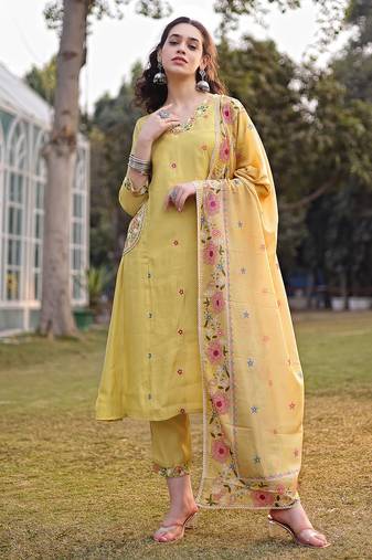 yellow resham embroidery a-line chanderi silk kurta trouser dupatta set