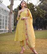 yellow resham embroidery a-line chanderi silk kurta trouser dupatta set