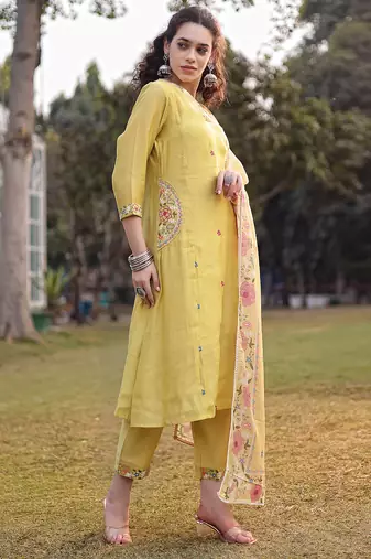yellow resham embroidery a-line chanderi silk kurta trouser dupatta set