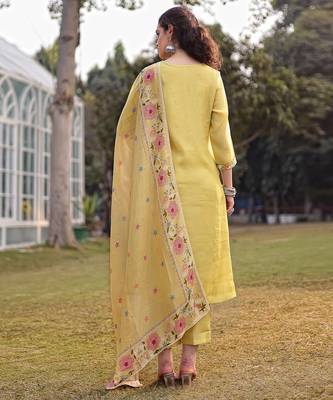 yellow resham embroidery a-line chanderi silk kurta trouser dupatta set 3