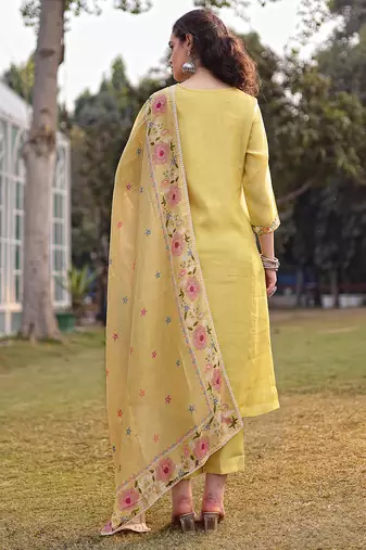 yellow resham embroidery a-line chanderi silk kurta trouser dupatta set