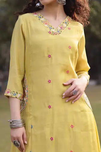 yellow resham embroidery a-line chanderi silk kurta trouser dupatta set