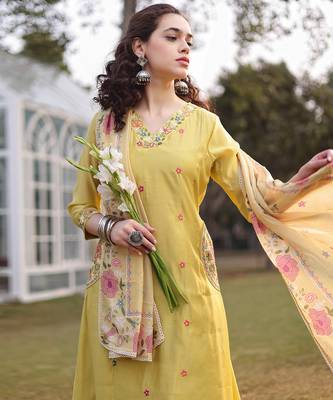 yellow resham embroidery a-line chanderi silk kurta trouser dupatta set 5