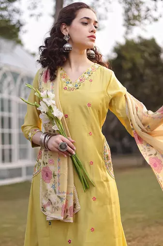 yellow resham embroidery a-line chanderi silk kurta trouser dupatta set