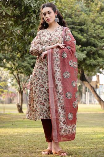 beige linen floral print sequins-work a-line show button kurta trouser dupatta set