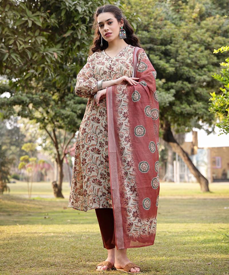 beige linen floral print sequins-work a-line show button kurta trouser dupatta set