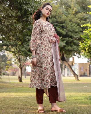 beige linen floral print sequins-work a-line show button kurta trouser dupatta set 2