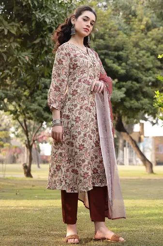 beige linen floral print sequins-work a-line show button kurta trouser dupatta set