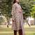 beige linen floral print sequins-work a-line show button kurta trouser dupatta set
