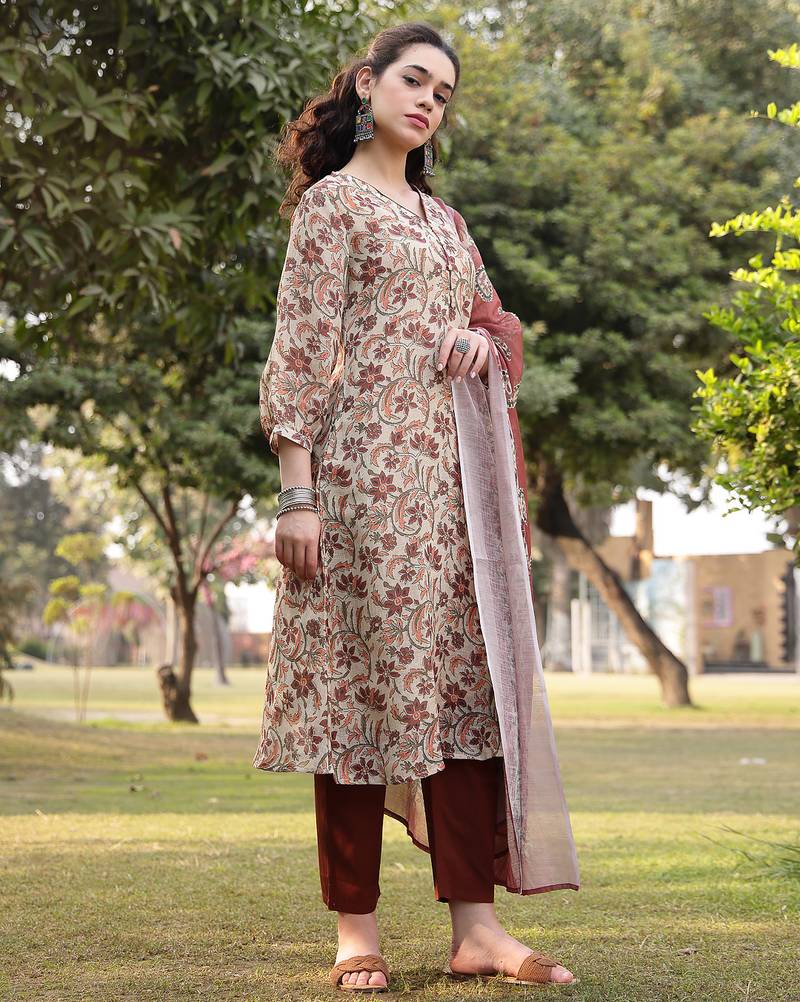 beige linen floral print sequins-work a-line show button kurta trouser dupatta set
