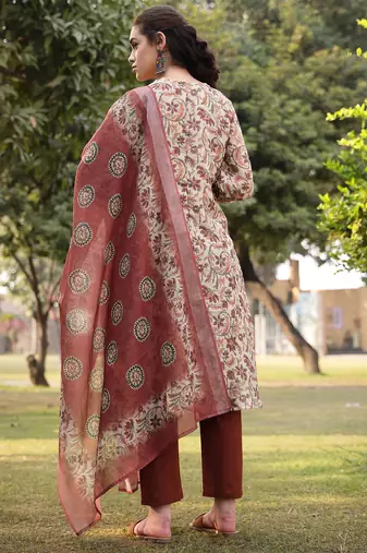 beige linen floral print sequins-work a-line show button kurta trouser dupatta set