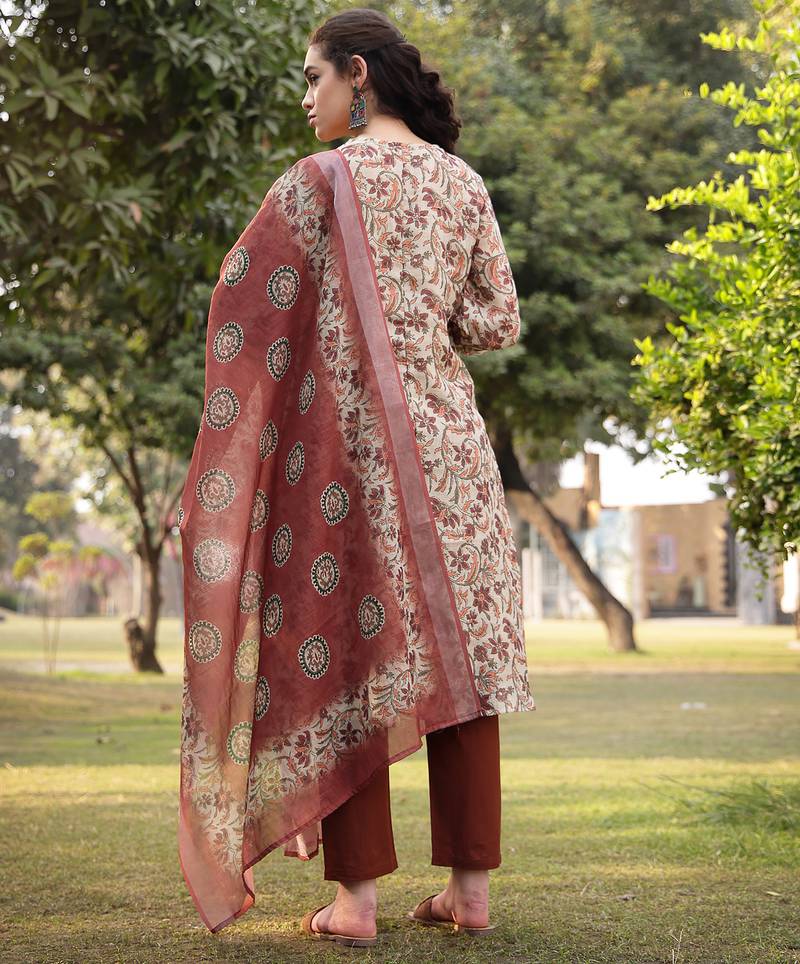 beige linen floral print sequins-work a-line show button kurta trouser dupatta set