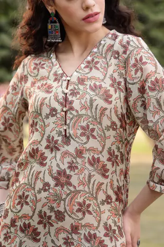 beige linen floral print sequins-work a-line show button kurta trouser dupatta set