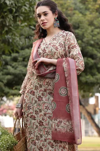 beige linen floral print sequins-work a-line show button kurta trouser dupatta set