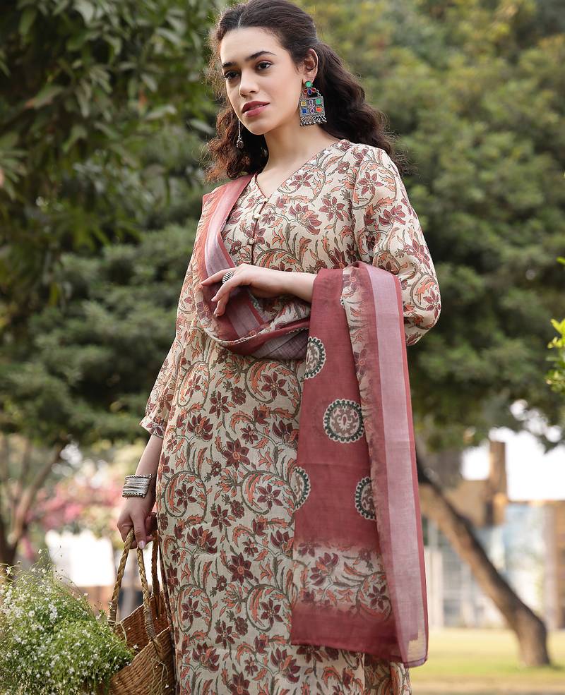 beige linen floral print sequins-work a-line show button kurta trouser dupatta set