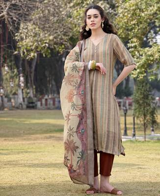 beige linen a line kurta trouser dupatta set 1