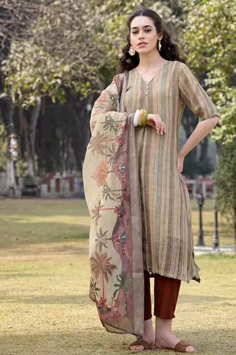 beige linen a line kurta trouser dupatta set