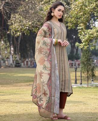 beige linen a line kurta trouser dupatta set 2
