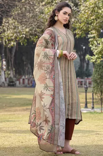 beige linen a line kurta trouser dupatta set