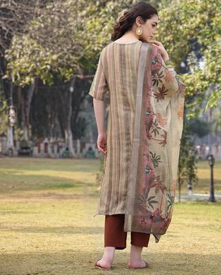 beige linen a line kurta trouser dupatta set 3