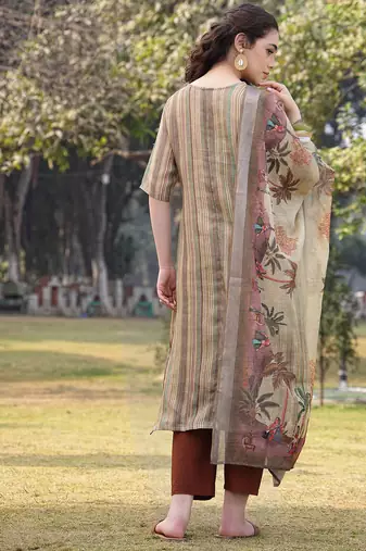 beige linen a line kurta trouser dupatta set