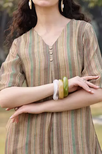 beige linen a line kurta trouser dupatta set