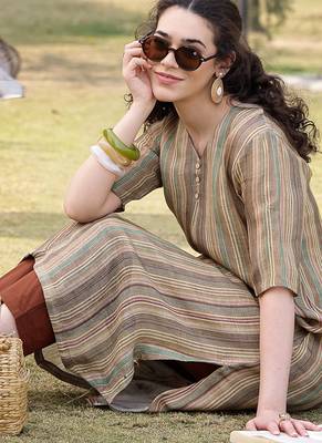 beige linen a line kurta trouser dupatta set 5