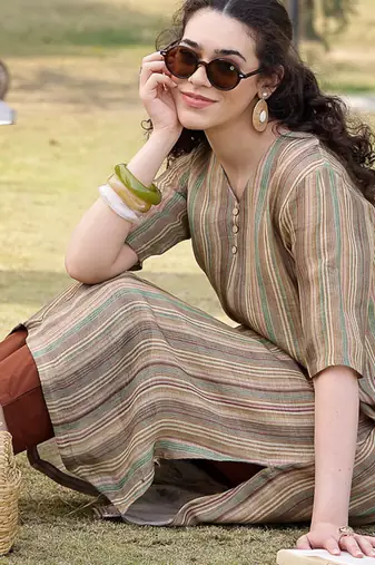 beige linen a line kurta trouser dupatta set