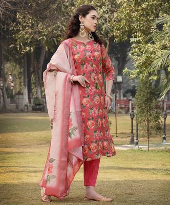 pink linen flared kurta trouser dupatta set 1