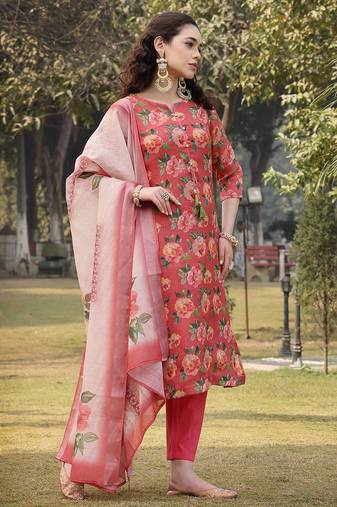 pink linen flared kurta trouser dupatta set