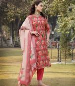 pink linen flared kurta trouser dupatta set