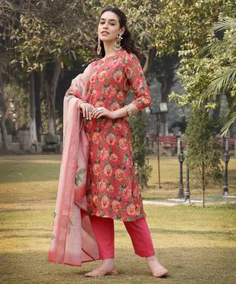 pink linen flared kurta trouser dupatta set 2