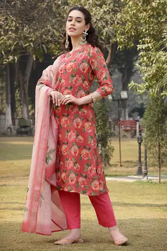 pink linen flared kurta trouser dupatta set
