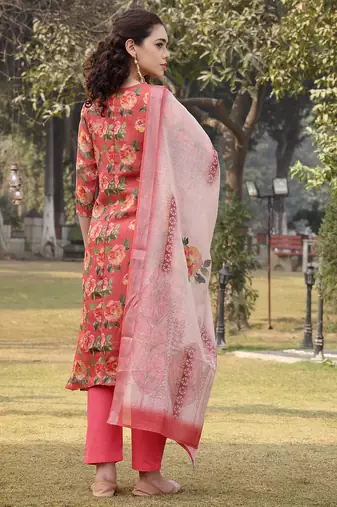 pink linen flared kurta trouser dupatta set