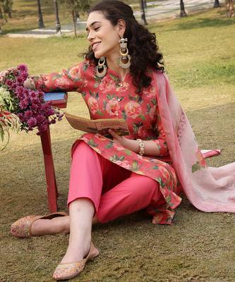 pink linen flared kurta trouser dupatta set 5