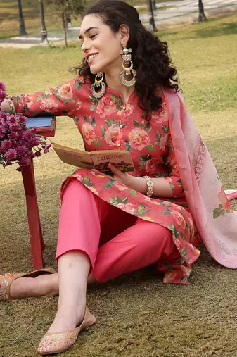 pink linen flared kurta trouser dupatta set