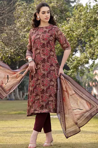 brown floral,sequins work linen flared kurta trouser dupatta set