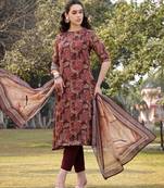 brown floral,sequins work linen flared kurta trouser dupatta set