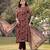 brown floral,sequins work linen flared kurta trouser dupatta set