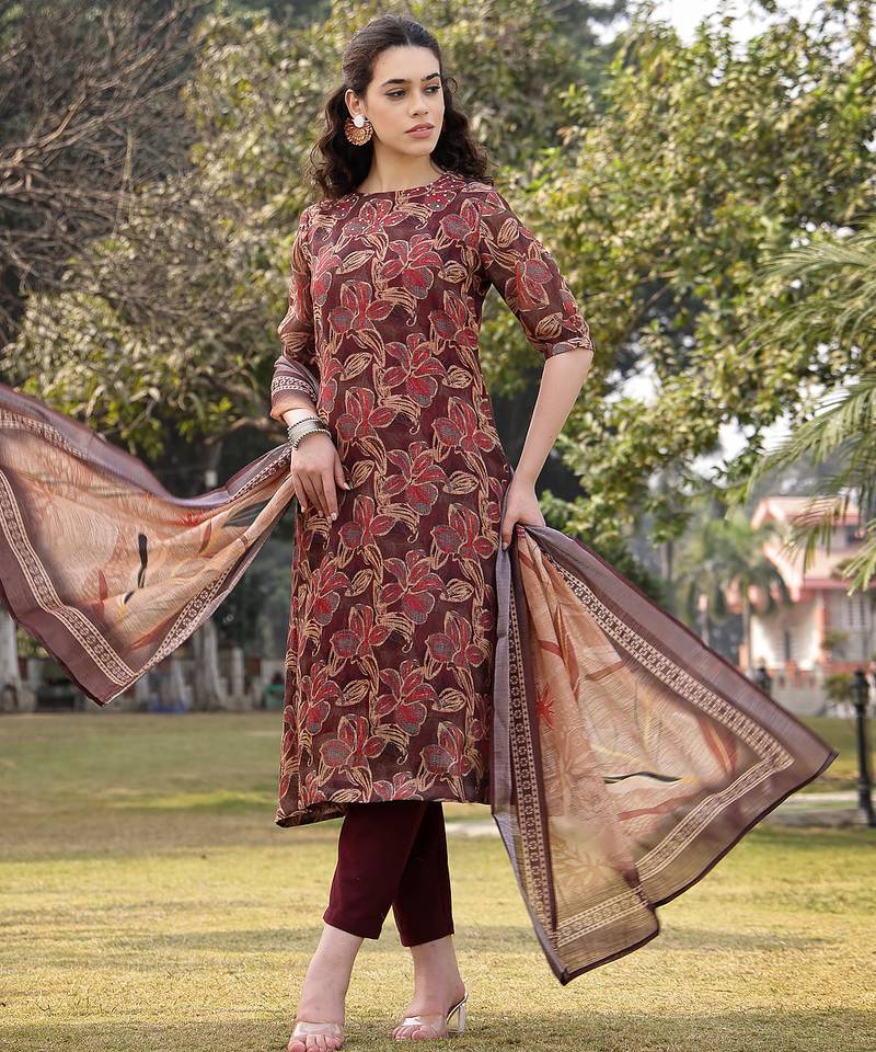 brown floral,sequins work linen flared kurta trouser dupatta set