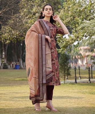 brown floral,sequins work linen flared kurta trouser dupatta set 2